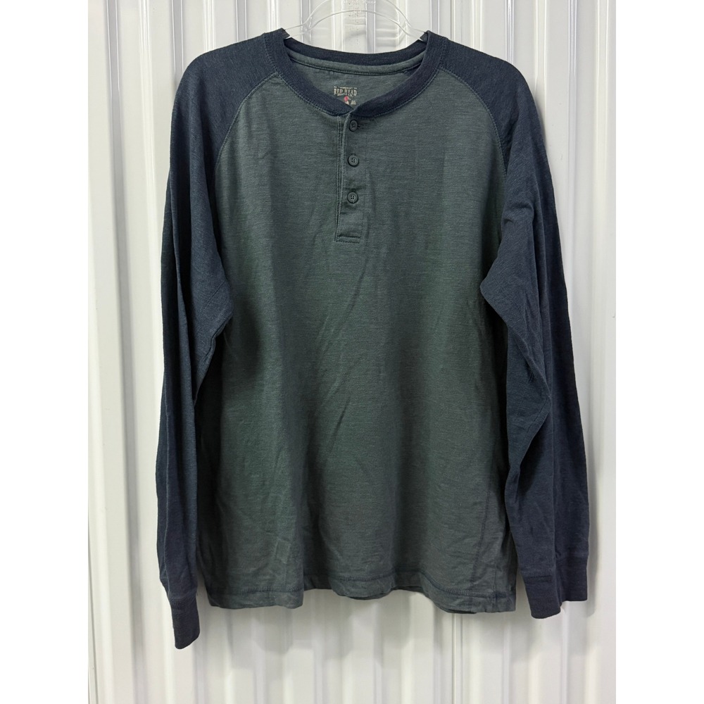 RedHead Henley Shirt Mens L Green Navy Excellent Raglan Long Sleeve Cotton Blend
